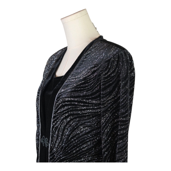 Sheri Martin Vintage 2PC Glitter Pantsuit Black Silver Faux Jacket Pant Set 6/10 - Picture 4 of 12